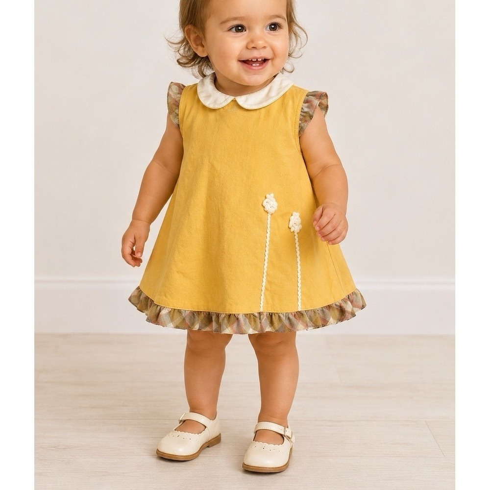 Vintage Baby Girl Dress, Yellow Swing Top w/Brown Plaid (12-24M)